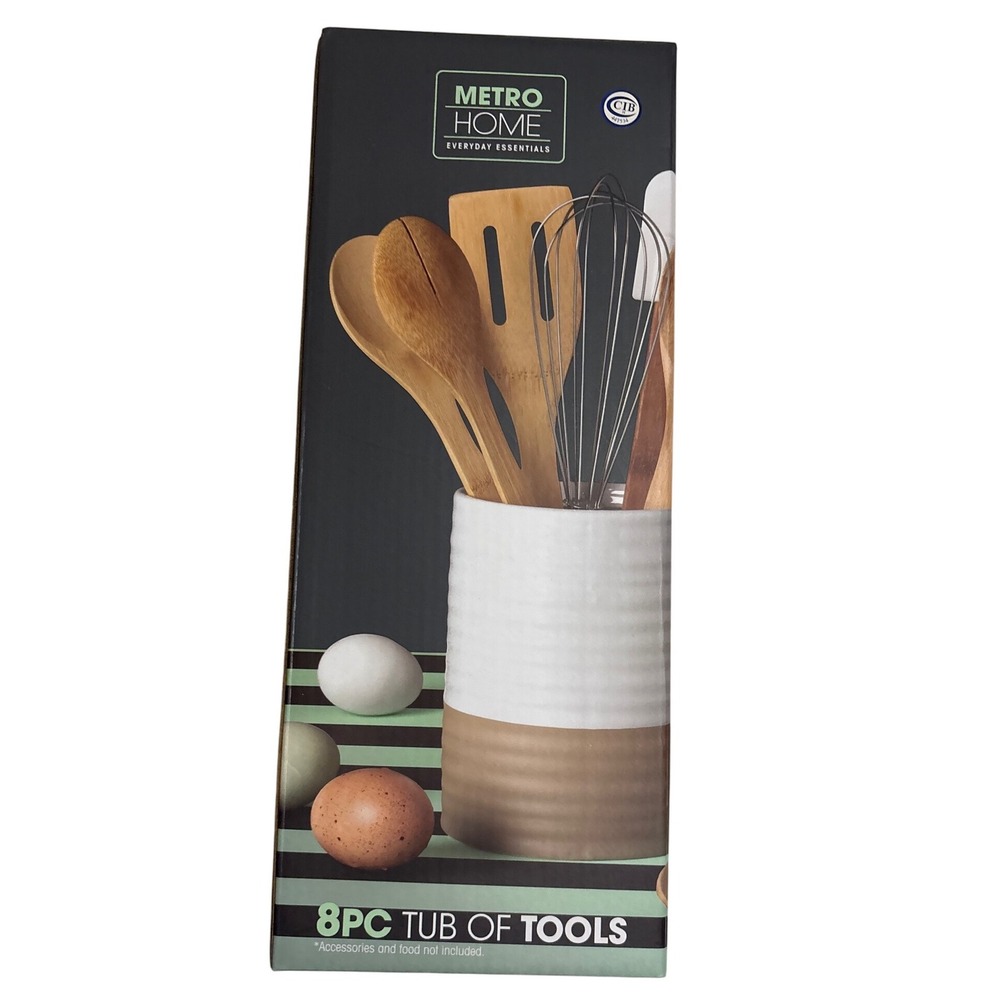 Metro Home 8 Piece Tub of Tools Kitchen Utensil Set with Stoneware Tub
